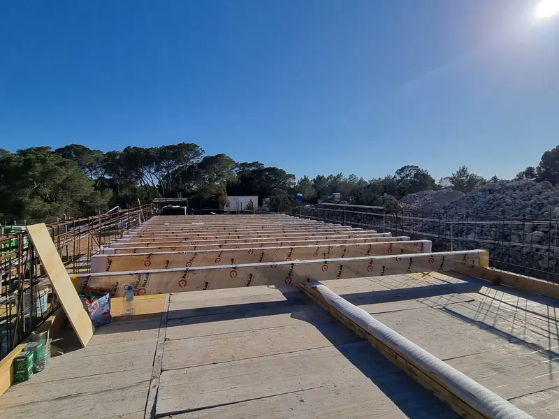 Obra: vigas de madera sobre los muros, entre pinos