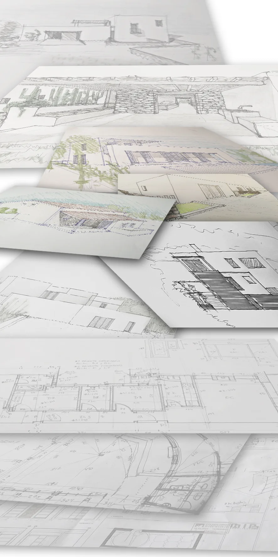 Bocetos a mano y planos de proyecto de MIB arquitectura